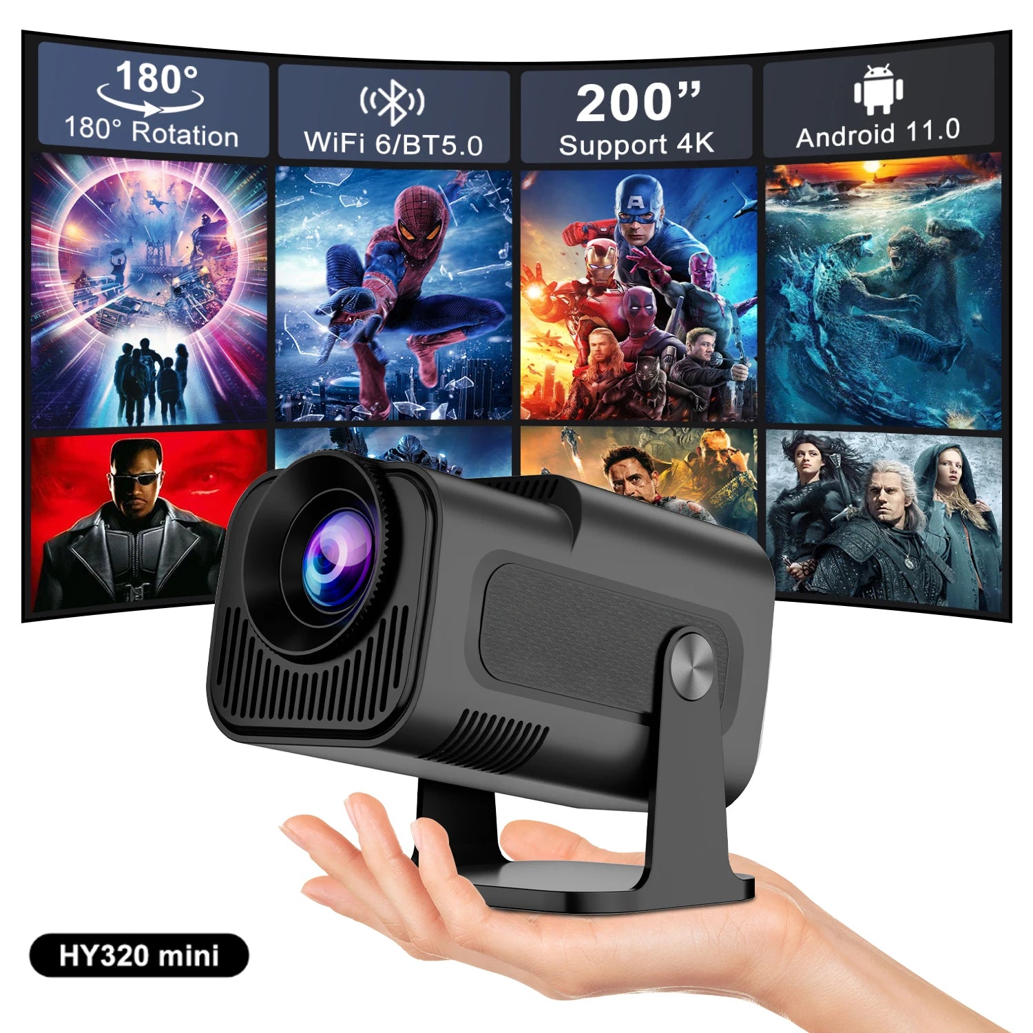 Salange HY320 MINI Android 11.0 Projector LED Beamer Home Cinema 300ANSI 720P WIFI Smart TV HD Support 1080P 4K Home Movie