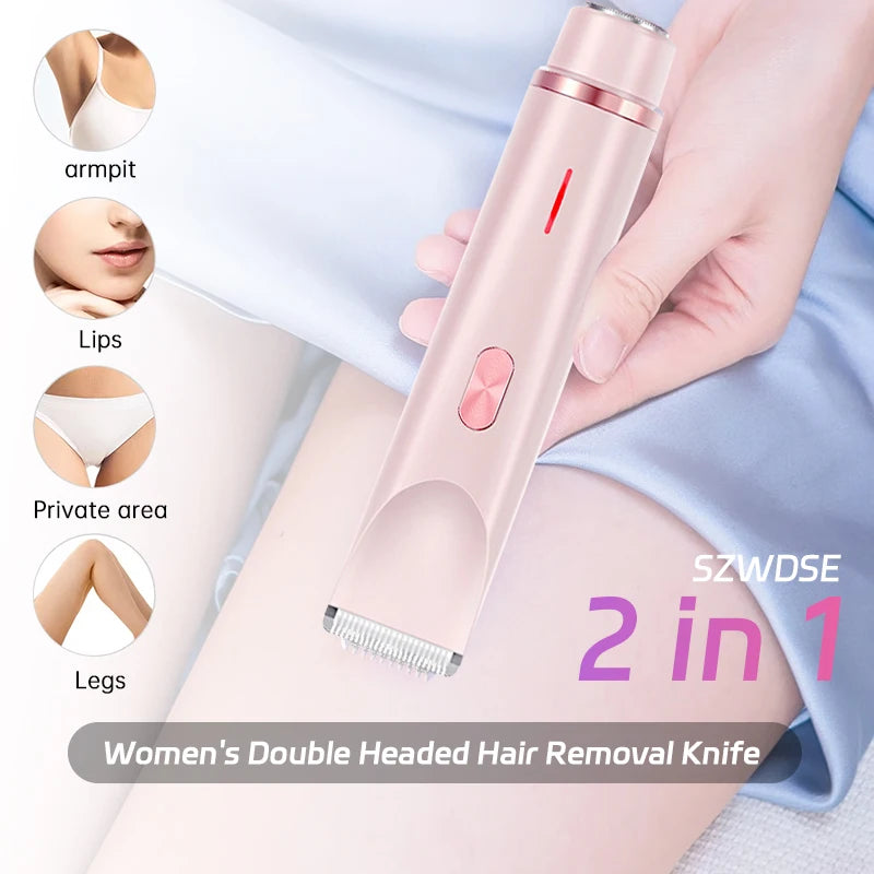 2 in 1 Dual-Head Painless Women Electric Razors Bikini Trimmer Wet Dry Use for Ladies Pubic Hair Detachable Head Electric Shaver - Deals Today