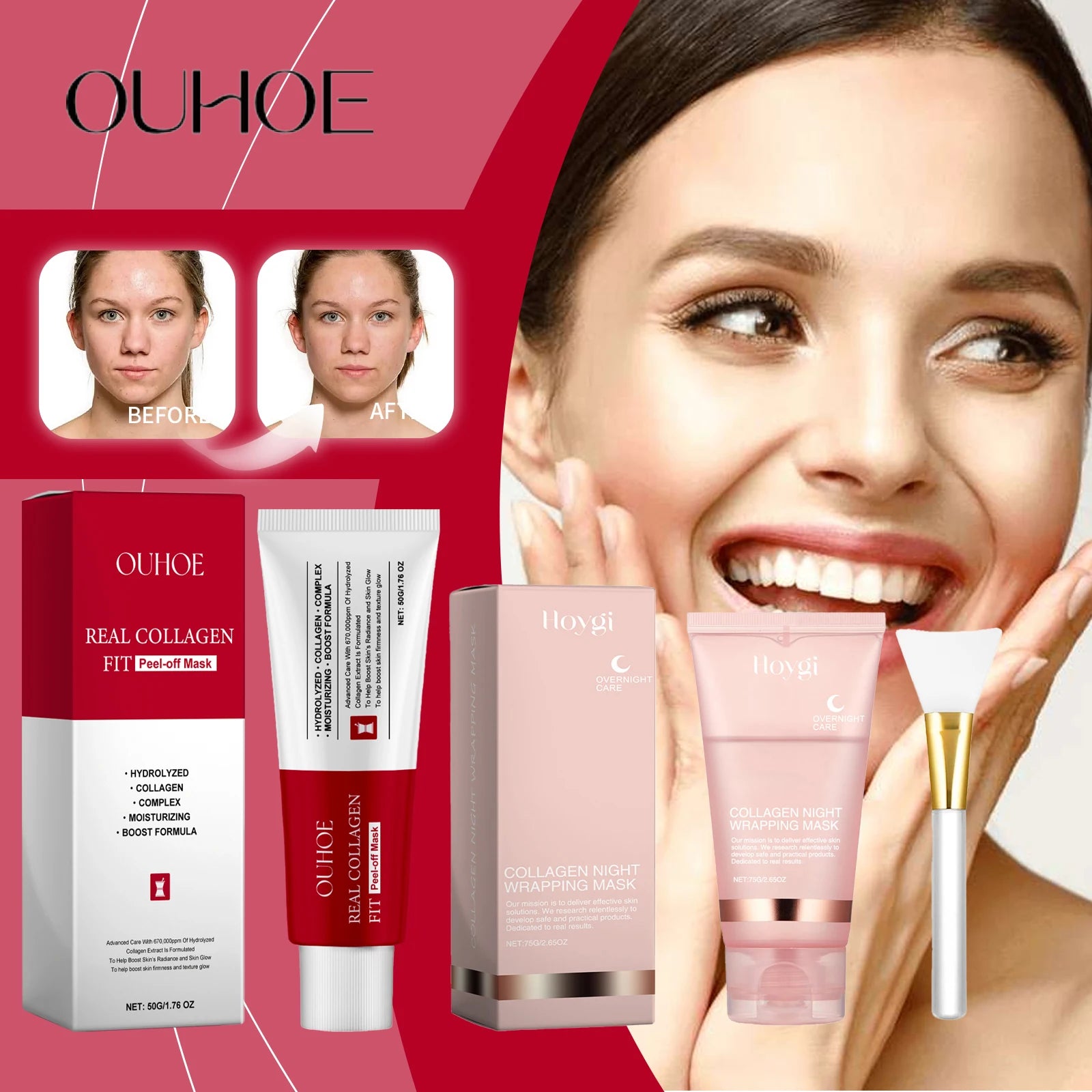 Ouhoe Collagen Peel Off Mask with Application Brush Anti Wrinkle Firming Hydrating Easy Peel All Skin Types Non Irritating Clean - Deals Today