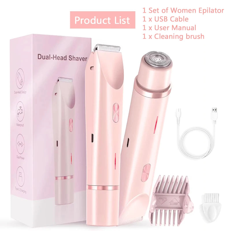 2 in 1 Dual-Head Painless Women Electric Razors Bikini Trimmer Wet Dry Use for Ladies Pubic Hair Detachable Head Electric Shaver - Deals Today